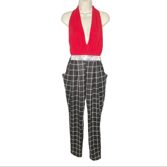Line Up Red Halter Black Checkered Romper Pants Medium - Picture 1 of 7